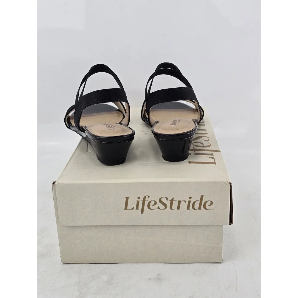 LifeStride Yolo Wedge Sandals Womens 6N Black Elastic Strappy Open Toe -New